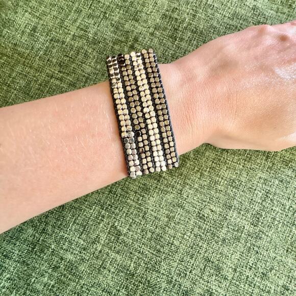 Marlyn Schiff Metal Beaded Woven Cuff Bracelet Silver Bronze Toned Two Toned NEW - Picture 6 of 6